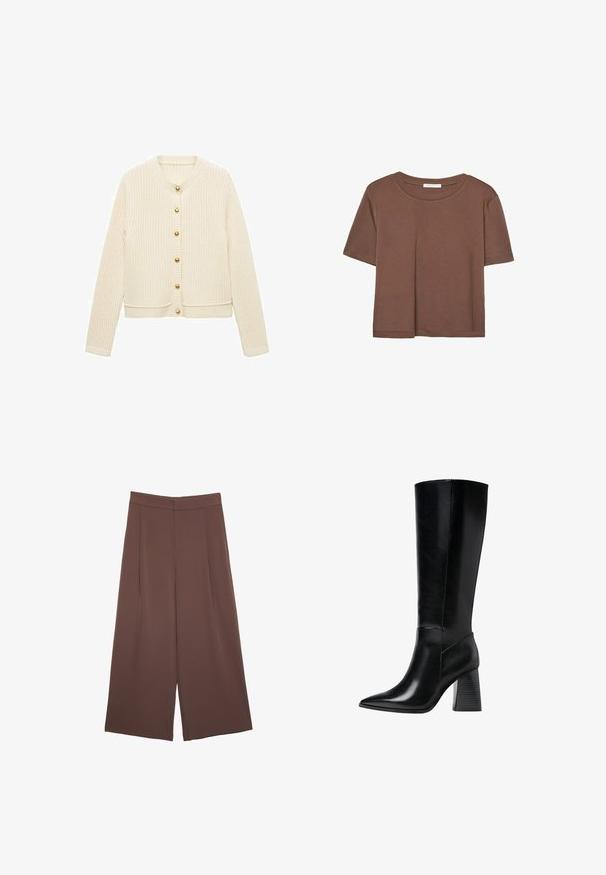 Pletený kardigan v krémové barvě s ribkovanou strukturou, dlouhými rukávy a šesti zlatými knoflíky vpředu. Krátký design s kulatým výstřihem.; Hnědé tričko s krátkým rukávem vyrobené z měkké látky, s kulatým výstřihem a volným střihem. Bez viditelných vzorů nebo dekorací.; Hnědé široké kalhoty s hladkou texturou, vysokým pasem a předními záhyby. Materiál je lehký a volně splývá.; Černé kožené boty po kolena s špičatou špičkou, hladkým povrchem a robustním vroubkovaným podpatkem pro stabilitu. Elegantní design s minimálními akcenty.
