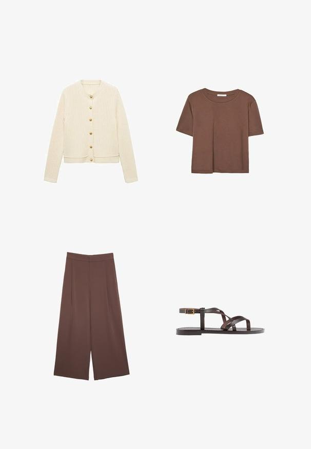 Knit cardigan in cream with a ribbed texture, featuring long sleeves and six gold buttons down the front. Cropped design with a round neck.; Brown short-sleeve t-shirt made of soft fabric, with a round neckline and relaxed fit. No visible patterns or accents.; Brown wide-leg trousers with a smooth texture, featuring a high waist and front pleats. The fabric is lightweight and flows loosely.; Brown leather sandal featuring crisscross straps, an ankle buckle closure, and a flat sole with minimal stitching details.