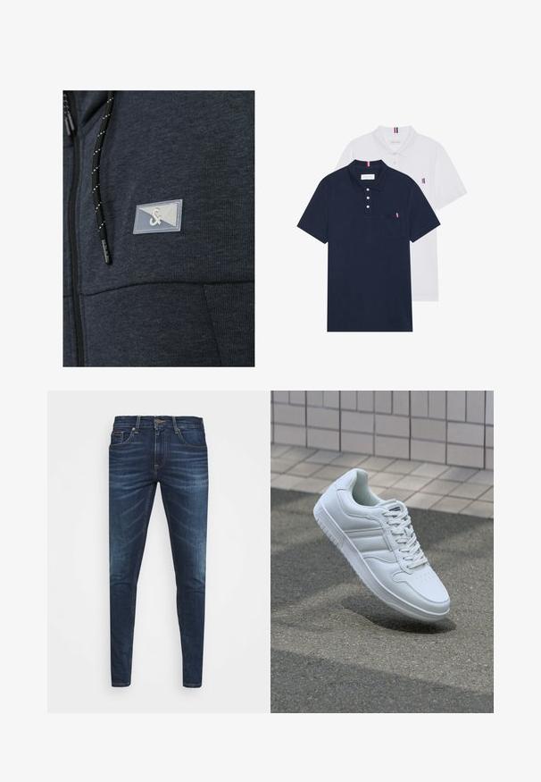 Jūras zila ar rāvējslēdzēju žakete ar teksturētu audumu, featuring skaidru logo uzlīmi un melnu auklu ar baltajām akcentēm.; Divas polo kreklu komplekts: viens tumši zils un viens balts, abi ar mazu sarkanu, baltu un zilu akcentu uz krūšu kabatas un apkakles.; Tumši zili džinsi ar šauru piegriezumu, ar vieglu izbalēšanu, piecām kabatām un metalizētu pogu aizdari. Šuvju akcenti kontrastējošā krāsā.; Balti sporta apavi ar gludu ādas virsu, sasienamais priekšpuse, perforēts purngals un rakstaina zole. Minimālisma dizains ar trim sānu svītrām.
