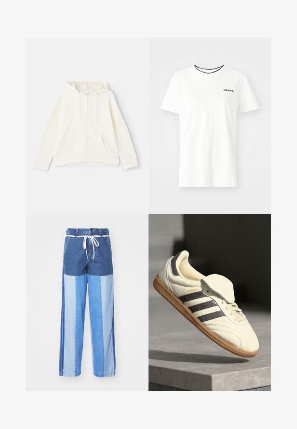 Krém színű zipzáros kapucnis pulóver, zsinóros kapucnival, elülső zsebekkel, széles ujjaival és bordás mandzsettáival. Puha, textúrált anyagból készült.; Fehér pamut póló rövid ujjakkal és kerek nyakkivágással. A mellkason egy fekete Adidas logó található, valamint kontrasztos fekete belső gallér.; Kék farmernadrág, foltvarrásos dizájnnal, különböző árnyalatú kékekből, húzózsinóros derékkal és laza, egyenes szabású lábakkal.; Krém bőr sportcipő három sötét csíkkal, barna gumitalppal és lekerekített orral. Jellemzője a hajtogatható nyelv, amelyen "SAMBA" felirat található.
