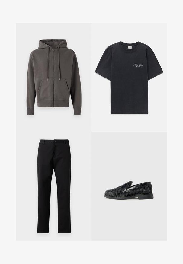 Grijze hoodie met ritssluiting, met een capuchon met trekkoord, kangoeroe-zakken en ribgebreide manchetten en zoom. Zacht materiaal met een gladde textuur.; Zwarte korte mouwen crew neck t-shirt met klein wit "Filling Pieces" tekstlogo op de linkerborst.; Zwarte rechte broek met knoop- en ritssluiting, riemlussen en steekzakken, weergegeven op een witte achtergrond.; Zwartegeweven instap schoenen met een glad leren accent aan de bovenkant, een ronde neusontwerp en een laag profiel rubberen zool.