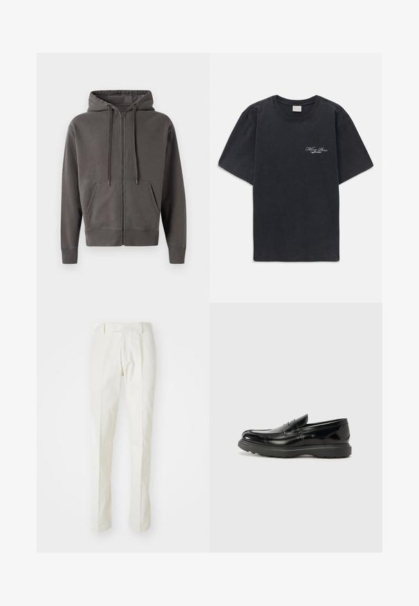 Sweatshirt cinza com fecho, apresentando um capuz com cordão, bolsos canguru e punhos e barra ribateados. Material suave com uma textura lisa.; T-shirt preta de manga curta, com decote redondo e pequeno logótipo branco "Filling Pieces" no lado esquerdo do peito.; Calças brancas de algodão, com um design de perna reta, frente lisa e sem padrões ou elementos metalizados visíveis. Textura suave.; Mocassim de couro preto com acabamento brilhante, bico arredondado, detalhes de costura subtil e sola de borracha espessa para durabilidade.
