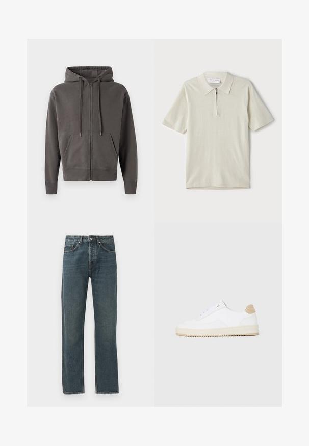 Siva dukserica s patentnim zatvaračem koja ima kapuljaču s vezicom, kenguru džepove i rebraste manžete i rub. Mekani materijal s glatkom teksturom.; Polo majica kratkih rukava u svijetloj bež boji s zatvaračem na ovratniku. Napravljena od glatkog materijala, sadrži jednostavan, moderan dizajn bez uzoraka.; Tamno plave traperice s ravnim nogavicama, koje imaju pet džepova, zatvaranje na dugme i kontrastne šavove.; Bijele niske tenisice s gornjim dijelom od teksturirane kože, kremasto žljebastim potplatom i smeškim akcentom na peti. Imaju bijele vezice i detalj s logotipom na peti.