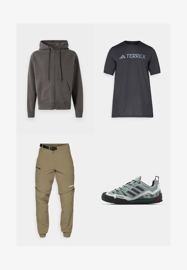 Grå zip-up hoodie med snoretræk i huen, kenguruposer og ribstrikkede manchetter og kant. Blødt materiale med en glat tekstur.; Sort kortærmet t-shirt lavet af let stof, med et lys gråt "TERREX" logo på tværs af brystet og rund halsudskæring.; Khaki udendørs bukser med en justerbar sort bælte, lynlås-lommer, smalle ankler og aftagelige nederste ben til alsidig styling.; Grå klatresko med en tekstureret overdel, sort gummitåkappe, tre mørke striber og et lille rødt accent på sålen.