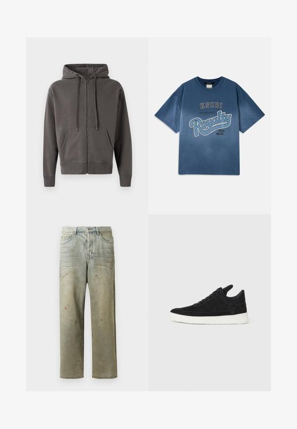 Γκρίζα ζακέτα με φερμουάρ, διαθέτει κουκούλα με κορδόνια, τσέπες καγκουρό και χείλη και τελειώματα με ραβδώσεις. Μαλακό υλικό με λεία υφή.; Μπλε βαμβακερό t-shirt με κανονικό λαιμό, κοντά μανίκια και γραφικά κείμενα μπροστά: "KSUBI ESTABLISHED Royalty 1999 NEVER."; Τζιν σε ανοιχτό πράσινο με φθορές, με ευθεία γραμμή, πέντε τσέπες και άνισους τόνους ξεθωριάσματος με σταγόνες χρώματος.; Μαύρο σουέτ αθλητικό παπούτσι με λευκή καουτσούκ σόλα, με τόνο ραφές και σχέδιο με κορδόνια. Λείος υφή με μοντέρνα, αεροδυναμική γραμμή.