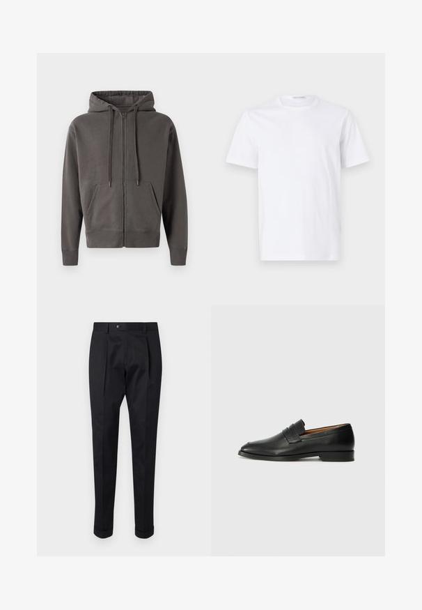 Gray zip-up hoodie featuring a drawstring hood, kangaroo pockets, and ribbed cuffs and hem. Soft material with a smooth texture.; White cotton t-shirt with a round neckline and short sleeves. Smooth texture, straight cut, and minimalistic design without patterns or accents.; Black trousers made of a smooth fabric, featuring a fold at the front, a button closure, and rolled cuffs at the ankle.; Black leather loafer with a rounded toe, subtle stitched detailing, and a low heel, featuring a smooth texture and minimalist design.