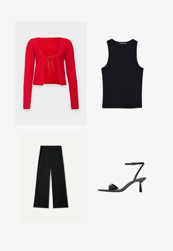 BDG Urban Outfitters Kofta - red; Svart linne i bomull, med rund halsringning och breda armhål. Slät yta med sydda fållar. Klassisk, minimalistisk design.; Bershka WIDE - Tygbyxor - black; Bershka Sandaletter - black