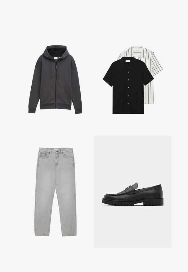 Pelēks rāvējslēdzēja džemperis ar kapuci, priekšējām kabatām un regulējamām auklām. Izgatavots no faktūras auduma, ar nedaudz brīvāku piegriezumu un aprocēm.; Divi īsām piedurknēm krekli: viens pilnīgi melns, otrs balts ar melnām vertikālām svītrām. Abi ir aprīkoti ar pogu aizdari un klasisko apkakli.; Gai pelēko džinsu bikses ar taisnajām kājām, piecu kabatu stilu un pogu aizdari. Redzama šuvju apstrāde gar šuvēm.; Melnas ādas loafers ar noapaļotu purngalu, ar izšūtu dizainu, zemu platformas zoli un teksturētu, rievotu gumijas ārējo zoli.