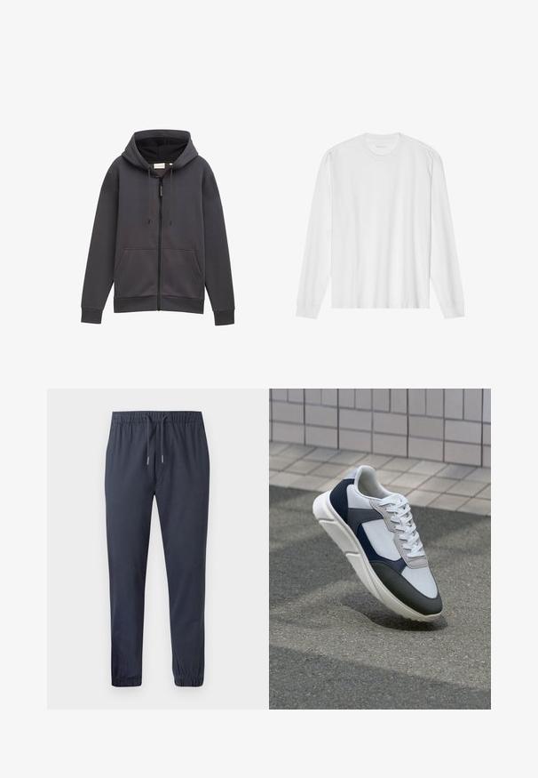 Sivi dukserica sa zatvaračem, kapuljačom, prednjim džepovima i vezicama. Izrađena od teksturirane tkanine, s lagano opuštenim krojem i manžetama.; Dugi rukavi bijela pamučna majica s okruglim izrezom i rebrastim manžetama. Jednostavan, neukrašen dizajn, s glatkom teksturom i standardnim krojem.; Mornarske tapered trenirke s elastičnim pojasom, vezicom i elastičnim manžetama, izrađene od glatkog, laganog materijala.; Bijela, mornarsko plava i siva tenisica s dizajnom od miješanih materijala, koja ima teksturirani gornji dio, ravne vezice i udoban đon.