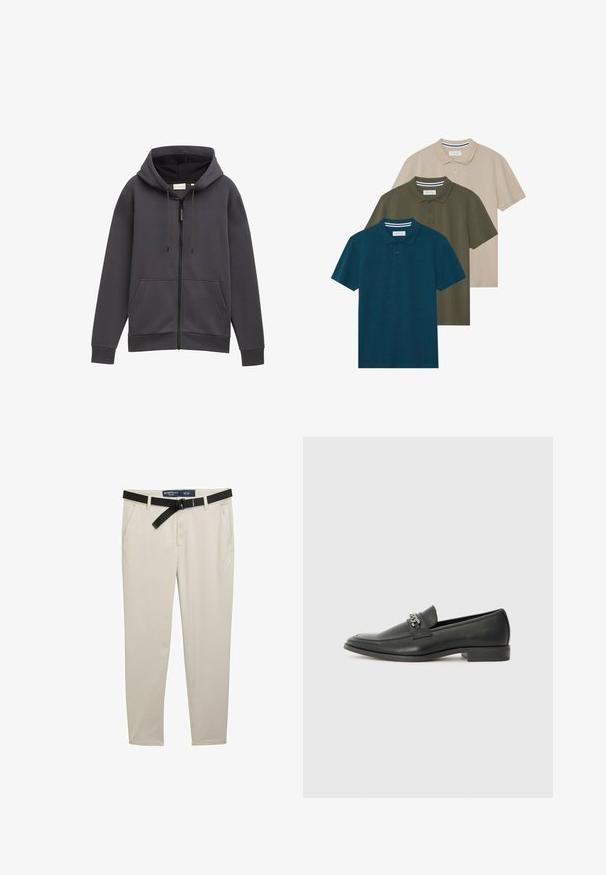Grå lynlås-hoodie med hætte, forlommer og snoretræk. Fremstillet af tekstureret stof, med en let afslappet pasform og manchetter.; Tre poloshirts i blå, olivengrøn og beige. Funktioner inkluderer kortærmede, tre-knaps placket og ribbet krave med striber.; Beige bukser med slim fit, der har et sort bælte, to forlommer og et struktureret stof. Størrelse 32 x 32.; Sorte læder loafers med en glat finish, der har et syet design og et dekorativt metal kædeaccent hen over vamps. Flad hæl.