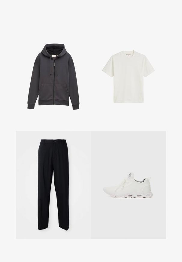 Szara bluza na zamek z kapturem, przednimi kieszeniami i troczkami. Wykonana z teksturowanej tkaniny, charakteryzująca się lekko luźnym krojem i mankietami.; Bawełniana koszulka w kolorze ecru, z okrągłym dekoltem i krótkimi rękawami, z prostym wykończeniem u dołu oraz minimalnym logo na metce.; Czarne spodnie proste z paskiem, z zapięciem na guzik i eleganckim, minimalistycznym wzorem na neutralnym tle.; Białe buty sportowe z teksturowaną cholewką z dzianiny, płaskimi sznurowadłami oraz wyściełaną podeszwą z widocznymi komorami powietrznymi dla dodatkowego wsparcia.
