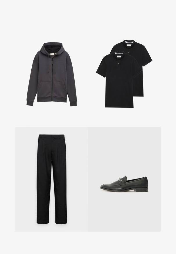Grå lynlås-hoodie med hætte, forlommer og snoretræk. Fremstillet af tekstureret stof, med en let afslappet pasform og manchetter.; To sorte polo T-shirts, kortærmede, lavet af bomuldsstof, med en klassisk krave, to-knaps placket og hvide stribede detaljer indeni kraven.; Sorte bukser lavet af glat stof, med et lige ben-design, to frontfolder og en standard talje med bæltestropper.; Sorte læder loafers med en glat finish, der har et syet design og et dekorativt metal kædeaccent hen over vamps. Flad hæl.