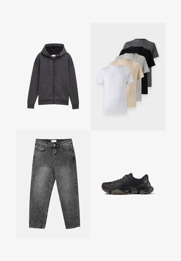 Grauer Zip-Hoodie mit Kapuze, Fronttaschen und Kordelzügen. Hergestellt aus strukturiertem Stoff, mit einem leicht lockeren Schnitt und Bündchen.; Set aus fünf Kurzarm-T-Shirts in Weiß, Beige, Hellgrau, Dunkelgrau und Schwarz. Hergestellt aus glattem Baumwollmaterial, mit Rundhalsausschnitt.; Schwarz gewaschene gerade Jeans mit vorderen und hinteren Taschen, Gürtelschlaufen und einem Knopfverschluss an der Taille.; Schwarzer Sportschuh mit strukturiertem Sohle, Obermaterial aus Leder und Wildleder, gepolstertem Kragen und Schnürverschluss, im seitlichen Profil dargestellt.