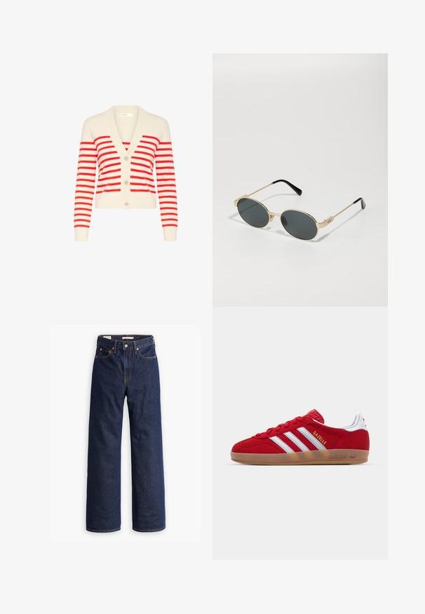 Cream cardigan with vibrant red stripes, v-neck, long sleeves, and three buttons down the front. Soft, knitted fabric with ribbed accents.; Hollister Co. SLIM SHIRTING - Button-down blouse - white; Dark blue straight-leg denim jeans with five pockets, orange stitching, and a button fly closure.; Red suede sneaker with white three-stripe design and gold "Gazelle" text. Features a rubber gum sole and textured heel.; Gold metal sunglasses with oval lenses and dark tinted lenses. Black acetate tips on the arms. Brand name "QUAY" on the side.