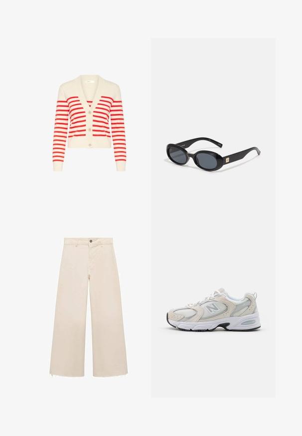 Cream cardigan with vibrant red stripes, v-neck, long sleeves, and three buttons down the front. Soft, knitted fabric with ribbed accents.; White sleeveless tank top with a square neckline, smooth texture, and a form-fitting design. Made from lightweight fabric.; Wide-leg trousers in light beige cotton, featuring a button closure, subtle frayed hem, and a loose fit design.; Athletic shoe featuring a light gray mesh upper with suede accents, white laces, and a black rubber sole. Notable ABZORB cushioning detail.; Black oval sunglasses with dark lenses, glossy plastic frame, wide arms, and a small gold accent on one side.