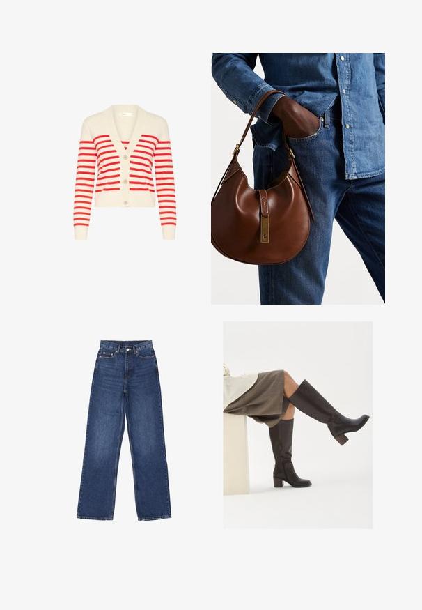 Cardigan crema con strisce rosse vivaci, scollatura a V, maniche lunghe e tre bottoni sulla parte anteriore. Tessuto morbido a maglia con dettagli a coste.; Due top senza maniche a coste, uno marrone e uno nero, esposti su uno sfondo bianco semplice.; Jeans in denim blu a gamba larga con vita alta, dotati di chiusura a bottone, cinque tasche e leggere sfumature sul tessuto.; Stivali marroni in pelle alti fino al ginocchio, con punta quadrata, tacco spesso e zip laterale. Texture liscia con finitura lucida.; Borsa hobo in pelle marrone con una forma arrotondata, dotata di dettagli in hardware dorato e cuciture a contrasto. Abbinata a una camicia di jeans e a un paio di jeans.