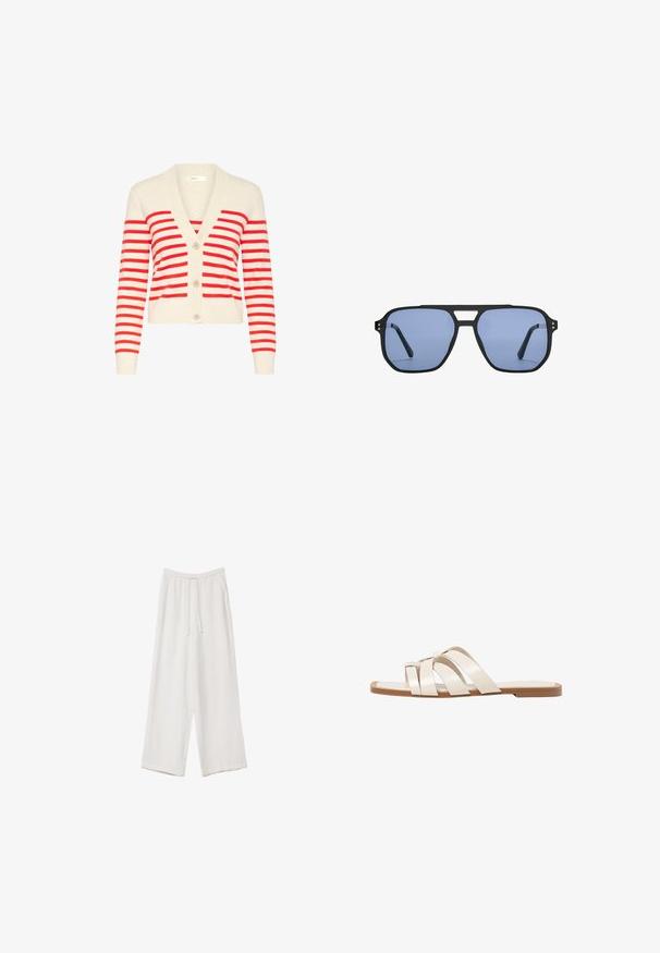 Cremfarbener Cardigan mit lebhaften roten Streifen, V-Ausschnitt, langen Ärmeln und drei Knöpfen vorne. Weicher, gestrickter Stoff mit gerippten Akzenten.; Weißes T-Shirt mit kurzen Ärmeln aus Baumwolle. Hat einen Rundhalsausschnitt und eine lockere Passform. Glatte Textur ohne sichtbare Muster oder Akzente.; Weiße weit geschnittene Hose aus leichtem Stoff. Mit einem elastischen Bund und Kordelzug sowie Seitentaschen. Glatte Textur.; Flache Sandalen mit einer honigfarbenen Gummisohle, gestaltet mit drei überlappenden weißen Lederriemen und einem kleinen Schleifendetail in der Mitte.; Stradivarius RETRO - Sonnenbrille - light blue