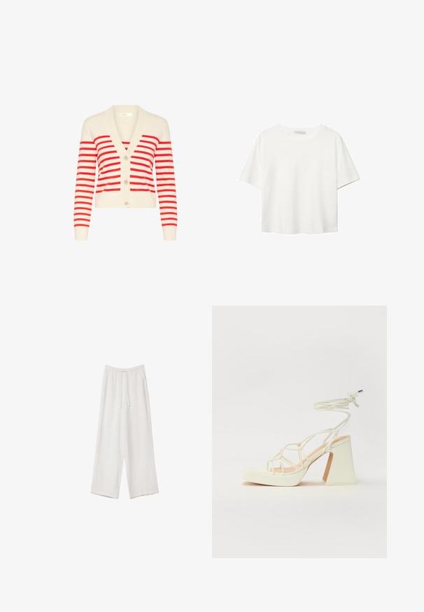 Kreemikardigan, millel on erksad punased triibud, V-kaelus, pikad varrukad ja kolm nuppu ees. Pehme, kudumiskangast materjal, millel on soonikdetailid.; Valkoinen lyhythihainen T-paita, joka on tehty puuvillasta. Siinä on pyöreä kaula-aukko ja rento malli. Silkkinen pinta ilman näkyviä kuvioita tai koristeita.; Valkoiset leveälahkeiset housut kevyestä kankaasta. Ominaisuuksiin kuuluu elastinen vyötärö, jossa on nauhakuuluma ja sivutaskut. Sileä rakenne.; Valkoinen korkokenkä, jossa on paksu korko, ja joka sisältää nauhakiinnityksen ja nilkkaketjun. Sujuva pinta, jossa on platform-etupohja lisäkorkeutta varten.