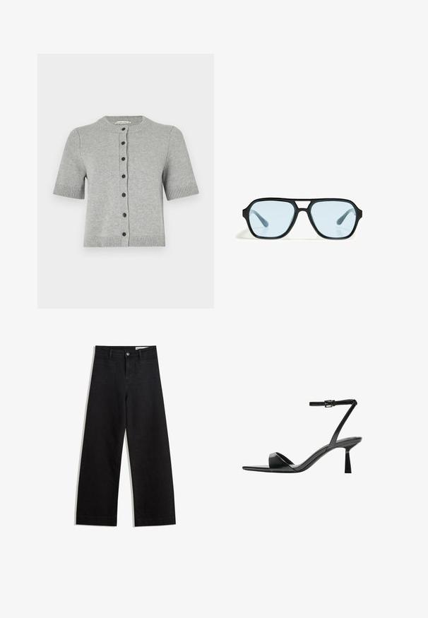 Svetlošedý kardigán s krátkym rukávom vyrobený z pleteného materiálu, ktorý má okrúhly výstrih, päť tmavých gombíkov vzadu a rebrované lemovanie.; Svetlo šedý krátky rukáv top s hlbokým výstrihom do V a zakončením so štyrmi gombíkmi, vyrobený z mäkkej tkaniny s hladkou textúrou.; Čierne denimové nohavice s širokými nohavicami a vysokým pásom, so prednými a zadnými vreckami, šitými švami a zapínaním na gombík. Hladká textúra.; Bershka Sandále na vysokom opätku - black; Čierne slnečné okuliare s obdĺžnikovými rámami, modro sfarbenými sklami a charakteristickým dizajnom mostíka. Elegantný povrch, decentná Textúra.; Čierna laková kožená kabelka s ohnutým tvarom, jedným ramenným popruhom, prednými vreckami a striebornými kovovými doplnkami.