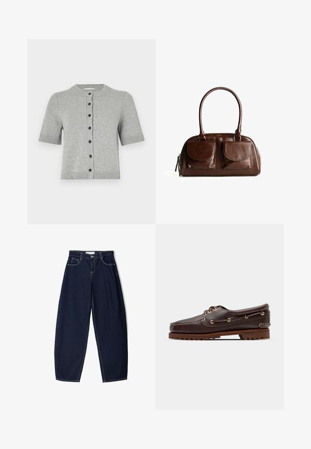 Hellgraue, kurzärmlige Strickjacke aus einem gestrickten Stoff mit rundem Ausschnitt, fünf dunklen Knöpfen entlang der Front und gerippten Abschlüssen.; Schlichtes weißes T-Shirt mit kurzen Ärmeln und Rundhalsausschnitt in schlanker Passform, flach vor einem weißen Hintergrund präsentiert.; Dunkelblaue Jeanshose mit weitem Bein verfügt über eine hohe Taille, seitliche Taschen und kontrastierende Nähte. Der Stoff hat eine glatte Textur und eine strukturierte Form.; Braune Lederbootsschuhe mit goldenen Ösen, runden Schnürsenkeln und einer strukturierten braunen Gummisohle. Verfügt über genähte Details und ein erhabenes Logo.; Braune Lederhandtasche mit zwei Vorderklappen, abgerundeten Griffen und einem Reißverschluss an der Seite vor einem weißen Hintergrund.