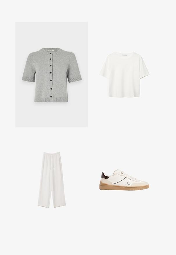 Lys grå kortærmet cardigan lavet af strikket stof med en rund hals, fem mørke knapper foran og ribbede kanter.; Hvid kortærmet t-shirt lavet af bomuld. Har en rund halsudskæring og en afslappet pasform. Glat tekstur uden synlige mønstre eller detaljer.; Hvide bukser med bred benlængde lavet af et letvægtsstof. Har et elastisk talje med snor og sidelommer. Glat tekstur.; Stradivarius Sneakers - white