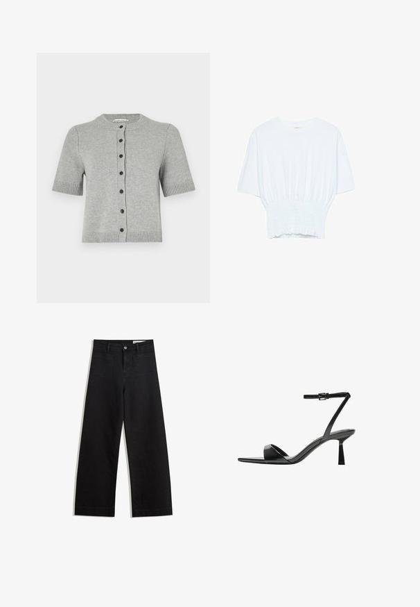 Svijetlosiva kratka kardigan košulja s kratkim rukavima izrađena od pletene tkanine, sa okruglim izrezom, pet tamnih gumba sprijeda i rebrastim rubovima.; Bijela majica kratkih rukava s opuštenim krojem i nabrano teksturom na struku. Izrađena od mekog, laganog materijala.; Crne široke traperice s visokim strukom, s prednjim i stražnjim džepovima, šivenim šavovima i kopčanjem na gumb. Glatka tekstura.; Bershka Sandale s visokom petom - black