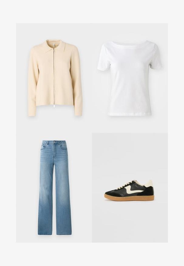 Cárdigan beige con cremallera, cuello con solapa, mangas largas y una textura de punto suave. Presenta una cremallera plateada en la parte delantera.; T-shirt blanca de manga corta hecha de algodón, con cuello barco y una textura suave. Diseño simple y sin adornos.; Jeans de tiro alto en azul claro con un diseño de pierna recta. Confeccionados en denim, cuentan con cinco bolsillos y un cierre con botón.; Zapatillas de deporte de ante y cuero negro con un swoosh lateral en crema y un talón en crema claro. Presenta cordones beige y una suela de goma marrón.
