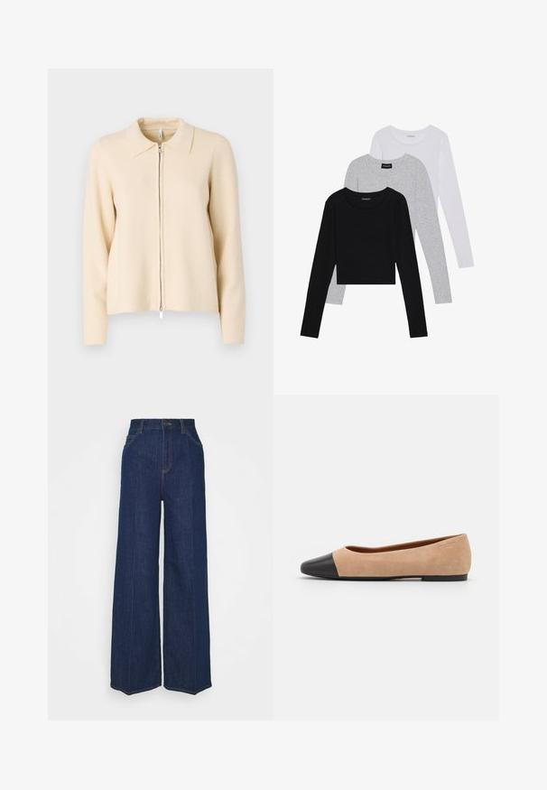 Beige ritscardigan met een kraag, lange mouwen en een gladde gebreide textuur. Voorzien van een zilveren rits aan de voorkant.; Drie langmouwige tops gestapeld: zwart, grijs en wit. Elke top heeft een ronde halslijn en een cropped ontwerp van soepel, lichtgewicht materiaal.; Hoge taille wijdvallende donkerblauwe denim jeans met voor- en achterzakken, knoopsluiting en zichtbare stikseldetails.; Beige suède ballet flats met een zwarte leren ronde neuskap, lage hak en een gladde textuur, met minimale stiksels en een schone uitstraling.