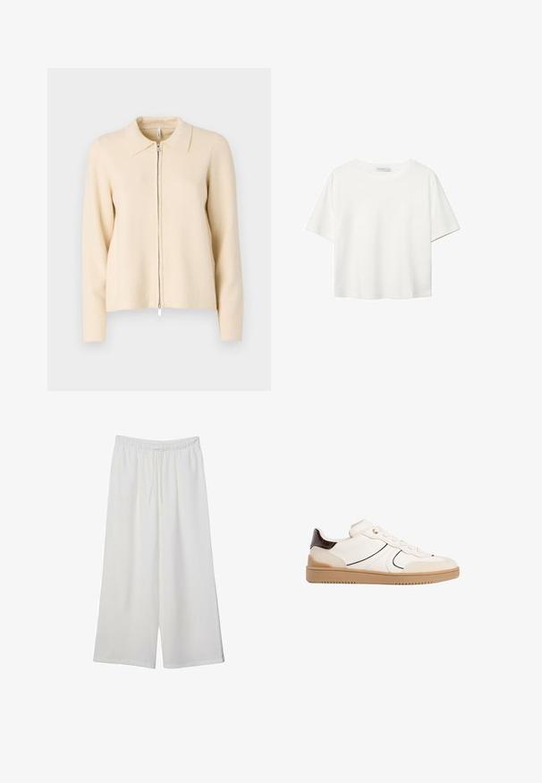 Beige zip-up cardigan med krage, långa ärmar och en mjuk stickad textur. Har en silverfärgad dragkedja framtill.; Vit t-shirt med kort ärm i bomull. Har en rundad halsringning och en avslappnad passform. Slät textur utan synliga mönster eller detaljer.; Vita vida byxor i lätt tyg med elastisk midja och dragsko för justerbar passform. Mjuk textur.; Stradivarius Sneakers - white