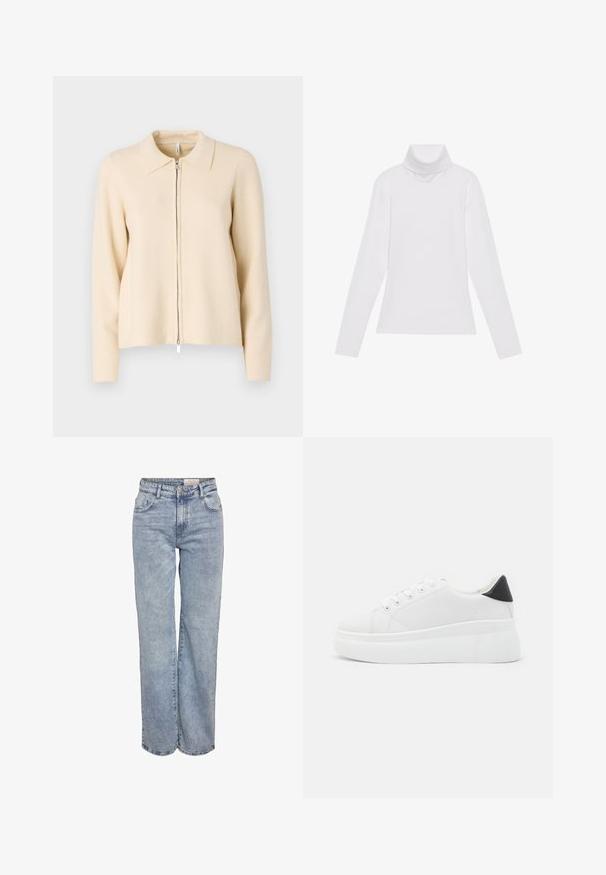 Beež tõmblukuga kardigan, millel on kraega kaelus, pikad varrukad ja sile kudumine. Ees on hõbedane tõmbelukk.; Valge pikkade varrukate turtleneck-särk, mis on valmistatud siledast ja venivast kangast. Omab kõrget kraed ja keha lähedast lõiget, ilma nähtavate mustrite või kaunistusteta.; Heledad sinine laia jalaeest, valmistatud denimist, kõrge vöökohaga, viie tasku disainiga ja kerge tuhmumisega, mis annab kulunud välimuse.; Valged platvormsneakerid, mis on valmistatud siledast sünteetilisest materjalist, ovaalse toe, paelkinnise disaini ja tekstuurse kummitaldiga. Must kontsrihm.