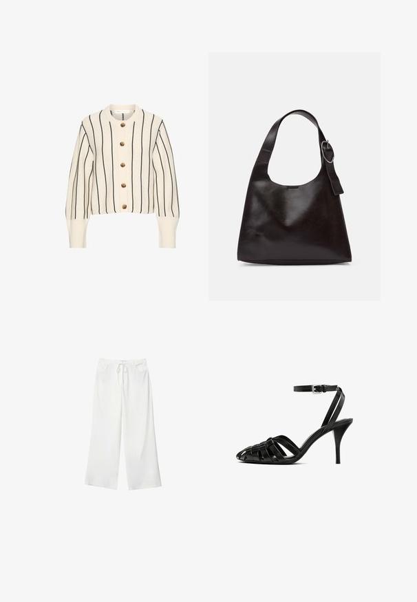 Krämfärgad cardigan med svarta vertikala ränder, utrustad med rund halsringning, långa ärmar och fem stora bruna knappar fram.; Brun kortärmad t-shirt i mjukt tyg, med rund halsringning och avslappnad passform. Inga synliga mönster eller detaljer.; Vita vida byxor i mjukt tyg med dragsko i midjan och två framfickor. Slät textur och inga synliga mönster.; Svart läder högklackad sandal med ankelrem, med flätade remmar över tån, en slät yta och en spetsig tåform.; Brun läder axelväska med en slät yta, rund form, bred rem och cirkulär metallaccent på handtaget.