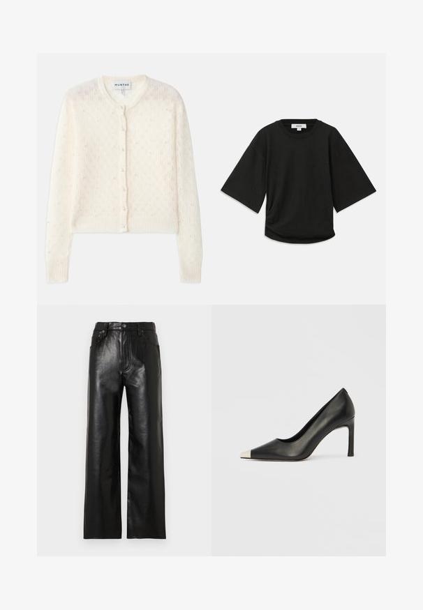 Krémový pletený kardigan s kulatým výstřihem, předním zapínáním na knoflíky a posetý umělými perlami pro ozdobu. Po celém těle je texturovaná krajková struktura.; Černé triko s krátkým rukávem vyrobené z měkké bavlny, s kulatým výstřihem a uvolněným střihem se jemným nařaseným detailem na boku.; Černé kožené kalhoty s širokými nohavicemi a lesklým povrchem, s předními kapsami, zipem na přední straně a zapínáním na knoflík. Hladká textura po celé ploše.; Černá kožená lodička na vysokém podpatku s špičatou špičkou a stříbrnou kovovou špičkou. Má hladký povrch a štíhlý 10cm podpatek.