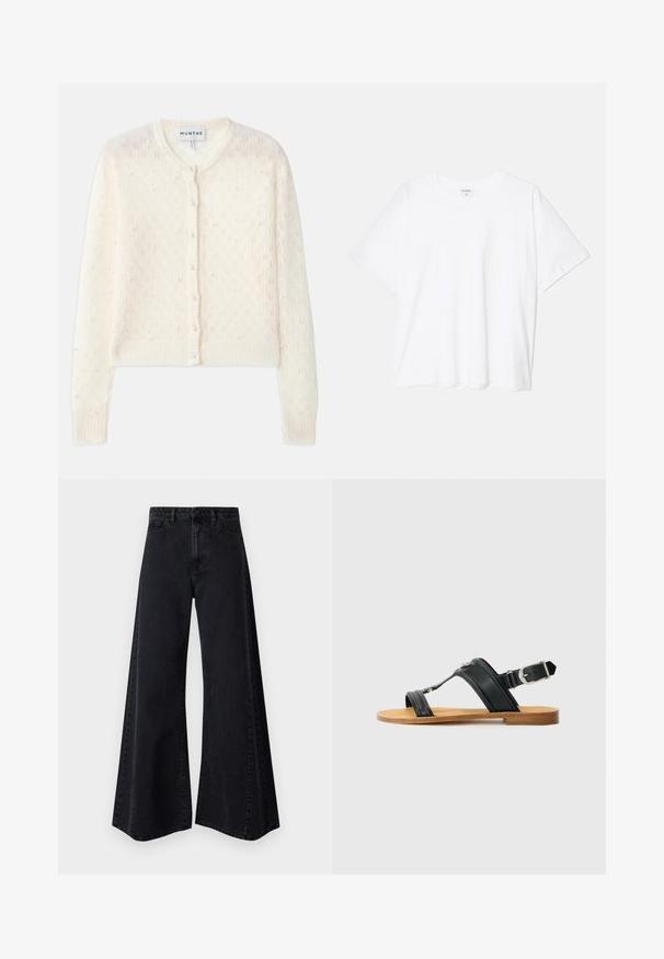 Ivory knitted cardigan featuring a round neckline, front button closure, and scattered faux pearls for embellishment. Textured lace pattern throughout.; White cotton t-shirt with short sleeves, round neckline, relaxed fit, and stitched hem. Label visible on the inside neck.; Wide-leg black denim jeans with a high waist, featuring front pockets, a button closure, and a smooth texture. Simple stitching details visible.; Black leather sandal with adjustable buckle, flat tan sole, and two wide straps crossing over the foot, minimalistic design.