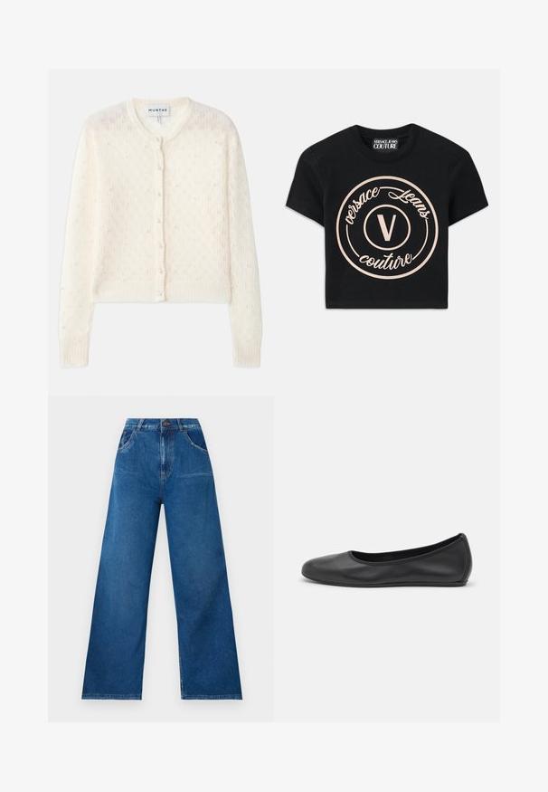 Ivory knitted cardigan featuring a round neckline, front button closure, and scattered faux pearls for embellishment. Textured lace pattern throughout.; Black cotton t-shirt featuring a large beige circular logo with "Versace Jeans Couture" and a central "V" in an elegant font. Short sleeves.; Wide-leg jeans in dark blue denim with a high waist, featuring front and back pockets, and contrast stitching details.; Black leather ballet flat with a rounded toe, smooth texture, minimal stitching detail, and a flexible sole design.