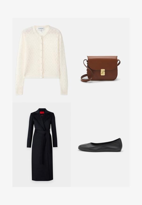 Kreminė megzta kardiganas su apvaliu iškirpimu, priekyje su sagų uždarymu ir išsibarsčiusiais dirbtiniais perlais kaip dekoracija. Visame megztiniame yra tekstūrinis nėrinių raštas.; Balta trumpa rankovėmis marškinėliai, pagaminti iš pasiruošusio audinio. Apvali iškirptė, reguliari tinkamumas ir subtilūs siuvimo detalės. Be raštų ar grafikos.; Juodas paltas su ilgomis rankovėmis, suvynioto dizaino ir atitinkamu diržu. Pagamintas iš sklandaus audinio, turi įpjautą apykaklę ir šonines kišenes.; Juodai odiniai baletai su apvaliu pirštu, lygi texture, minimalus siuvimo detales ir lanksčiu padų dizainu.; Ruda odinė rankinė su uždaromu dangteliu, aukso spalvos detalėmis, petneša ir lygiu paviršiumi. Kompaktiška stačiakampio formos.