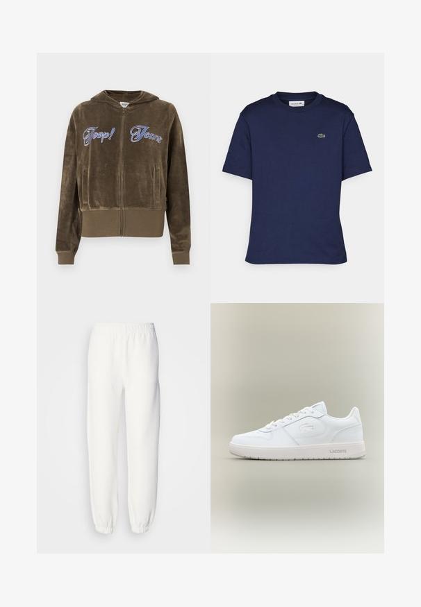 Felpa con cappuccio marrone in velluto con zip, tasche frontali, polsini e orlo a costine, e testo "Joop! Jeans" ricamato in blu sul petto.; T-shirt a maniche corte di colore blu navy realizzata in cotone, con collo rotondo e un piccolo logo verde Lacoste sul lato sinistro del petto.; Pantaloni della tuta bianchi realizzati in morbido tessuto lavorato a maglia. La vita e i polsini elasticizzati offrono una vestibilità rilassata. Design minimalista, senza motivi o accenti visibili.; Sneaker bianca in pelle con finitura liscia, punta tonda, design con lacci e un logo in rilievo discreto sui lati. Presenta una suola in gomma.