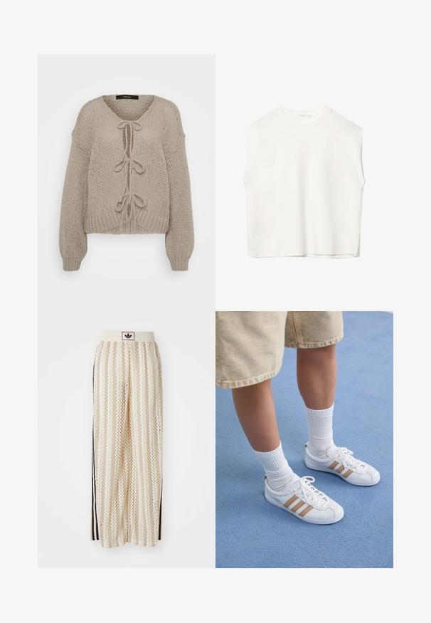 Béžový pletený kardigán s výstrihom do V, s prednými viazaniami, dlhými rukávmi a žebrovanými manžetami. Mäkky materiál a útulný dizajn.; Biele bezrukávové tričko s voľným strihom, okrúhlym výstrihom, hladkou textúrou a rovným lemom. Jednoduchý dizajn bez vzorov a kovania.; Béžové nohavice s širokými nohavicami a zigzagovými vzormi, s čiernym logom na páse a bočnými čiernymi pruhmi. Ľahká, textúrovaná látka.; Biele tenisky s tromi zlatými pruhmi, šnurovací dizajn, gumená podošva, nosené s rebrovanými bielymi ponožkami a béžovými šortkami na modrom povrchu.