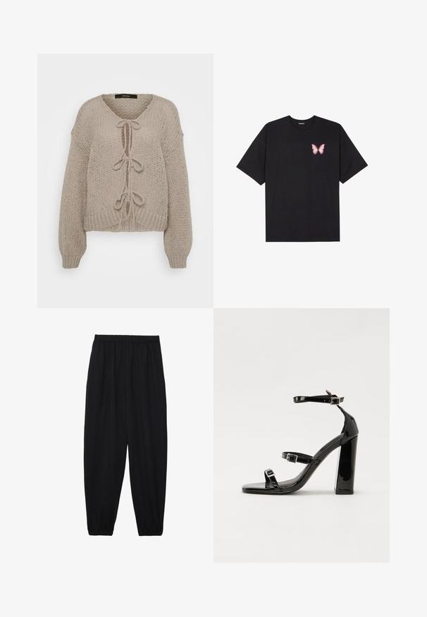 Beige kötött kardigán V-nyakkal, elöl megkötőkkel, hosszú ujjal és bordázott mandzsettákkal. Puha tapintás és kényelmes kivitel.; Fekete pamut póló rövid ujjakkal, bal mellkason egy kis rózsaszín pillangó grafikával. Kerek nyakú kialakítás, laza fazonnal.; Fekete, könnyű nadrág elasztikus derékkal és ráncolt bokákkal. Az anyag sima és laza, szűkített dizájnnal rendelkezik.; Fekete lakk magas sarkú szandál négyzet alakú orral, bokapántokkal és ezüst csatokat tartalmaz. Masszív blokk sarka a stabilitásért felel.
