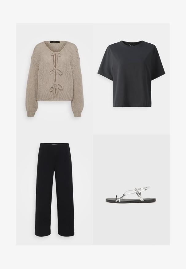 Beige strikket cardigan med V-hals, som har frontknyting, lange ermer og ribbestrikkede mansjetter. Myk tekstur og koselig design.; Svart bomull T-skjorte, korte ermer, rund hals, avslappet passform, jevn tekstur, enkel design, ingen mønstre eller aksenter.; Svart bukser med vid benvidde og elastisk midjebånd. Laget av et strukturert materiale, med en løs passform og rett snitt fra hoftene til sømmen.; Sølvfargede metall sandaler med et minimalistisk design, som har tynne stropper og en sort flat såle. Fremhevingene inkluderer kryssremmer.