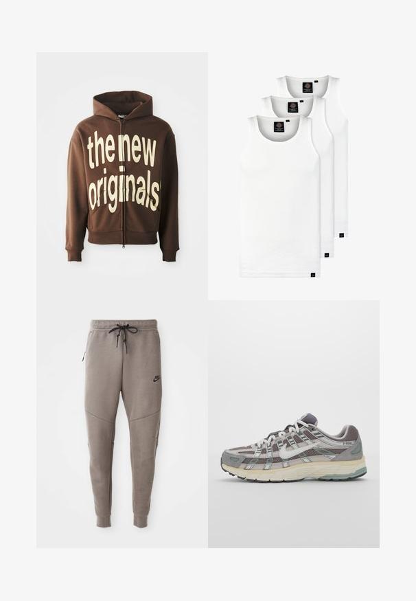 Brun hettegenser med glidelås og stor kremfarget grafisk tekst "de nye originalene" foran, med snorhette og sidelommer.; Tre hvite ribbestrikkede tank topper laget av bomull. Har en rund hals og små svarte etiketter nær kanten. Tilgjengelig i flere størrelser.; Grå Nike joggebukser med snor i midjen, smale ben, sidelommer og distinkte sømdetaljer. Myk, teksturert stoff.; Grå treningssko med overdel i nett og semsket skinn, hvite detaljer, en polstret såle, og et særpreget design med reflekterende elementer.