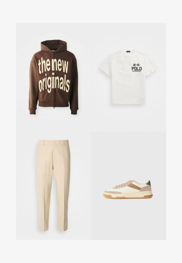 Hnědá mikina na zip se velkým krémovým grafickým textem "noví originálové" na přední straně, obsahující kapuci se šňůrkou a boční kapsy.; Bílý bavlněný tričko s kulatým výstřihem, s černým logem "Polo Motorsport" a zkříženými šachovnicovými vlajkami na levé hrudi.; Světlé béžové chinos kalhoty s rovným střihem, textilie je hladká, s předním zapínáním na knoflík a dvěma bočními kapsami.; Tenisky v béžové, krémové a olivově zelené barvě, s materiály z jemné kůže a usně, kulatou špičkou, minimalistickým designem a gumovou podrážkou.