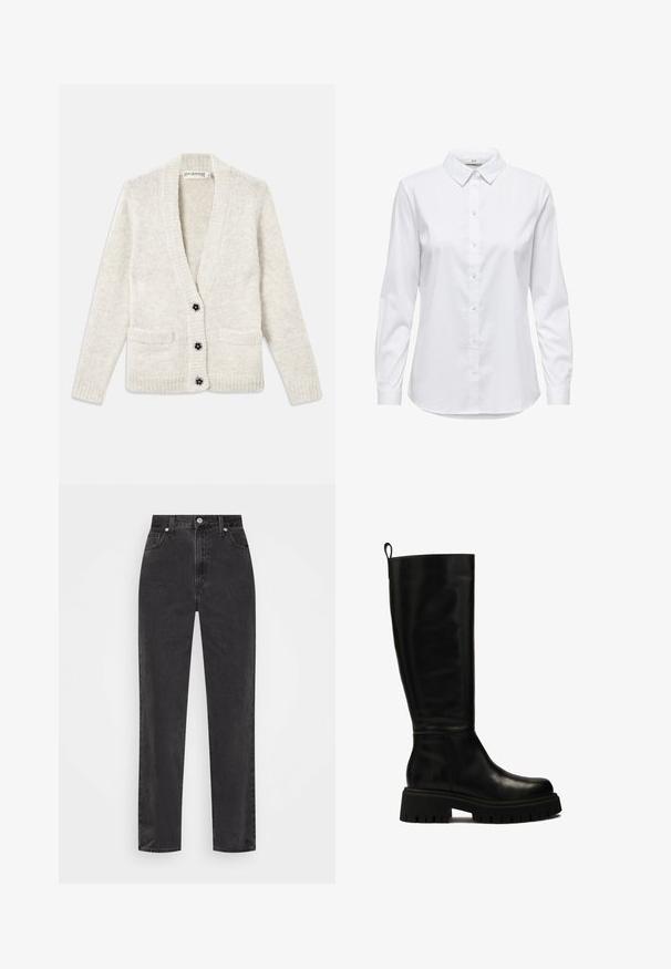 Krémový pletený kardigan s dlouhými rukávy, ledvinkami vpředu a třemi černými knoflíky ve tvaru květin uprostřed.; Bílé košile s knoflíky, dlouhými rukávy, strukturovaným límcem a zaobleným lemem. Vyrobeno z hladké, jednolité tkaniny bez viditelných vzorů nebo akcentů.; Černé džíny se rovnými nohavicemi a vysokým pasem, se zapínáním na knoflík a zip, a pěti kapsami na bílém pozadí.; Černé kožené vysoké boty až ke kolenům s elegantním designem, zaoblenou špičkou a robustní gumovou podrážkou s hlubokými syzami a poutkem na horní části.