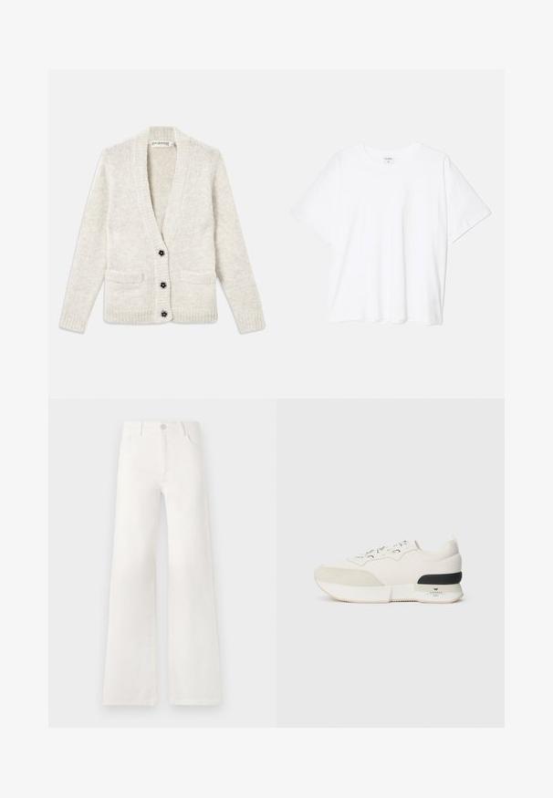 Cardigã de malha creme com mangas longas, dois bolsos frontais e três botões em forma de flor preta ao longo da frente central.; T-shirt de algodão branco com mangas curtas, decote redondo, corte descontraído e bainha cosida. Etiqueta visível no interior do pescoço.; Jeans brancos, de cintura alta e pernas largas, feitos de denim. Apresentam um fecho de botão, dois bolsos frontais e costuras detalhadas nas laterais.; Sneaker branco com biqueira em camurça texturizada, parte superior em malha lisa, atacadores decorativos e um detalhe na parte de trás em borracha preta.
