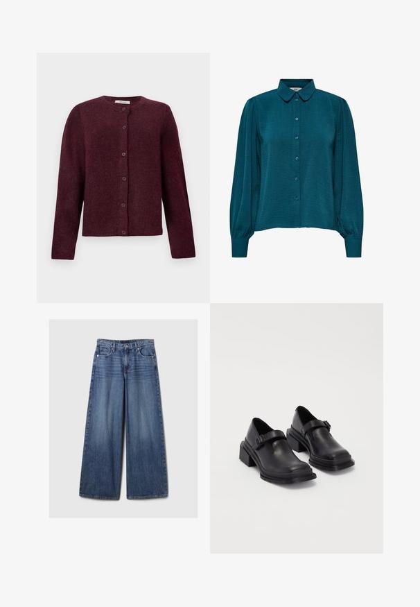 Bordo kardigan, mis on valmistatud pehmest kangast, long sleeves, ümmargune kaelus ja kuus nööpi esifrees.; Sinine pluus, millel on krae, nupud ees ja pikad varrukad. Valmistatud tekstuursetest kangast, millel on kokku tõmmatud mansetid.; Laiad sinised denimpüksid, millel on pleekinud viimistlus, nupp ja lukuga sulgemine, viis taskut ning vööaasad.; Mustad mustad jalanõud ümmarguse varbaga, tasase tallaga ja kinnitusega rihmaga, millel on pandla detail. Suure plokknina, mis tagab lisastabiilsuse.