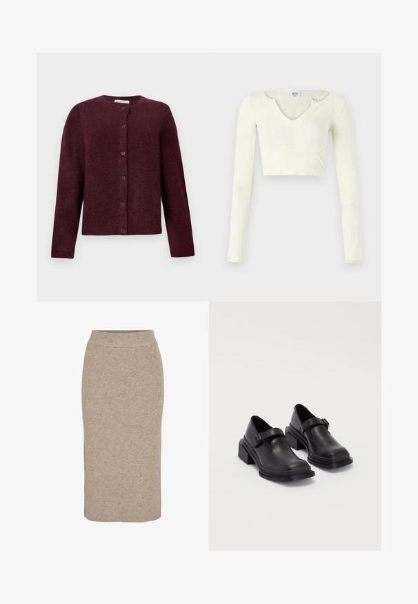 Bordo kardigan iz mehkega materiala, opremljen z dolgimi rokavi, okroglo ovratnikom in šestimi gumbi na sprednji strani.; Kratka majica iz off-white pletenine. Dolgi rokavi z rebrastim vzorcem in manjšimi izrezi okoli izreza.; Pletena svinčnik krila v svetlo bež barvi, ki ima rebrasto teksturo, visok pas in oprijet kroj. Rob krila se konča pod kolenom.; Črne usnjene čevlje z zaobljenim nosom, ravnim podplatom in trakcem z zaponko. Debel blokasti petnik za dodatno stabilnost.