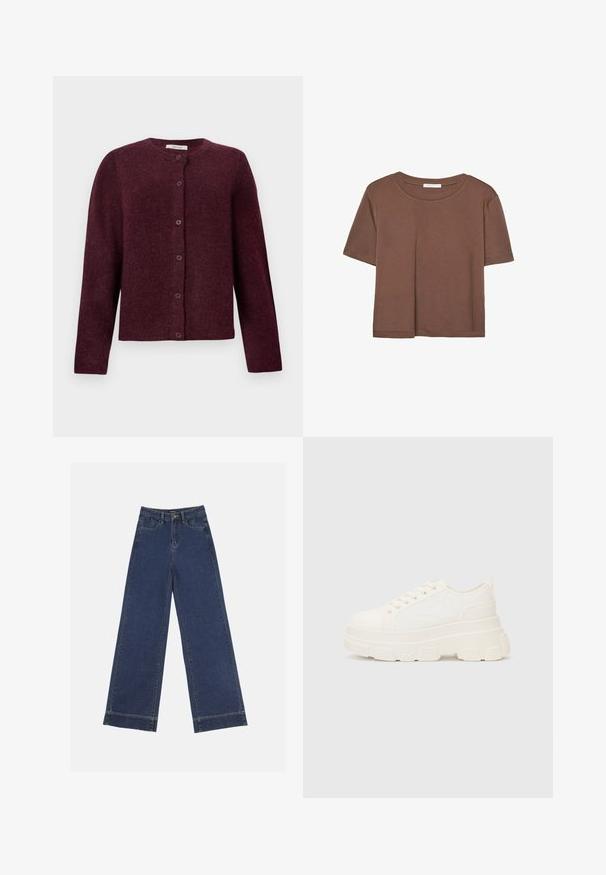 Bordeauxfärgad cardigan i mjukt tyg, med långa ärmar, rund halsringning och sex knapprader framtill.; Brun kortärmad t-shirt i mjukt tyg, med rund halsringning och avslappnad passform. Inga synliga mönster eller detaljer.; Breda jeans i mörkblå denim. Har fem fickor, bälteshögar och en ofärdig kant längst ner med synliga sömnadsdetaljer.; Vitcanvas sneakers med en chunky sula, rund tå och fem öglor för snören. Bakre tab för enkel påtagning. Slät yta, minimalistisk design.