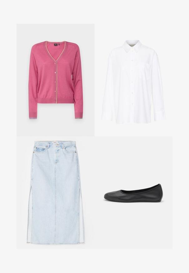 Cardigã rosa com decote em V, botões frontais e punhos canelados. Apresenta um acabamento em contraste ao longo do decote e da bainha inferior. Feito de material suave.; Camisa branca de manga longa com colarinho feita de algodão. Apresenta uma parte frontal com botões e um único bolso no peito. Textura suave, corte descontraído.; Saias maxi de denim azul claro com corte reto, apresentando aberturas laterais e design de cinco bolsos. Costura proeminente e fecho com botão metálico.; Bailarina preta em pele com bico arredondado, textura suave, detalhe de costura minimalista e design de sola flexível.