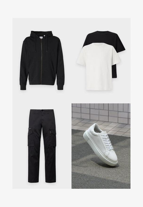 Černá zipová mikina vyrobená z měkké bavlny, s kapucí na šňůrku, předními kapsami a žebrovanými manžetami. Zlatý detaily na zipu.; Sada bavlněných triček, která obsahuje černé a bílé tričko, obě s krátkým rukávem, kulatým výstřihem a standardním střihem. Texturovaná látka.; Černé cargo kalhoty s několika kapsami, zipovou kapsou na stehnu, přímým střihem a pevnou bavlněnou tkaninou s lehkým leskem.; Bílé kožené tenisky s hladkým povrchem, kulatou špičkou a plochými bílými tkaničkami. Disponují texturovanou gumovou podrážkou a minimálními designovými prvky.