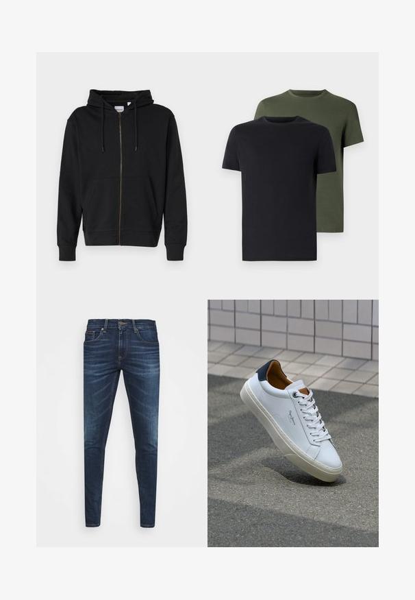 Fekete zipzáros kapucnis pulóver, puha pamutból készült, húzózsinóros kapucnival, elülső zsebekkel és bordás mandzsettával. Arany zipzár részletezés.; Két crew neck póló fekete és olíva zöld színben, puha pamut anyagból. A design egyszerű, rövid ujjú és egyenes szabású.; Sötétkék farmernadrág, testhezálló fazonnal, finom áttűnéssel, öt zsebbel és fémből készült gombzárral. Kontrasztos színű varrási díszítések.; Fehér bőr sneaker sötétkék sarkúval, kerek orral és kontrasztos barna részletekkel. Lapított fűzőkkel és textúrált gumitalppal rendelkezik.