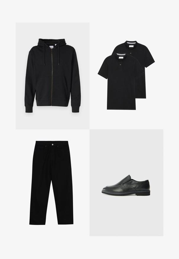 Melnā kapuce ar rāvējslēdzēju, izgatavota no mīksta kokvilnas, ar regulējamu kapuci, priekšējām kabatām un ribotām piedurknēm. Zelta rāvējslēdzēja detaļa.; Divas melnas polo krekli, īsām piedurknēm, no kokvilnas materiāla, ar klasisku apkakli, divu pogu aizdari un balti svītroti akcenti apkakles iekšpusē.; Melni džinsi ar taisnu kāju griezumu, piecu kabatu dizainu un priekšēju pogu aizdari. Gluda tekstūra ar minimālu šuvju detaļu skaitu.; Melnas ādas slip-on kurpes ar gludu augšdaļu, izšūtām akcentiem, noapaļotu purngala daļu un zemu gumijas papēdi. Zole ar minimālu rakstu.